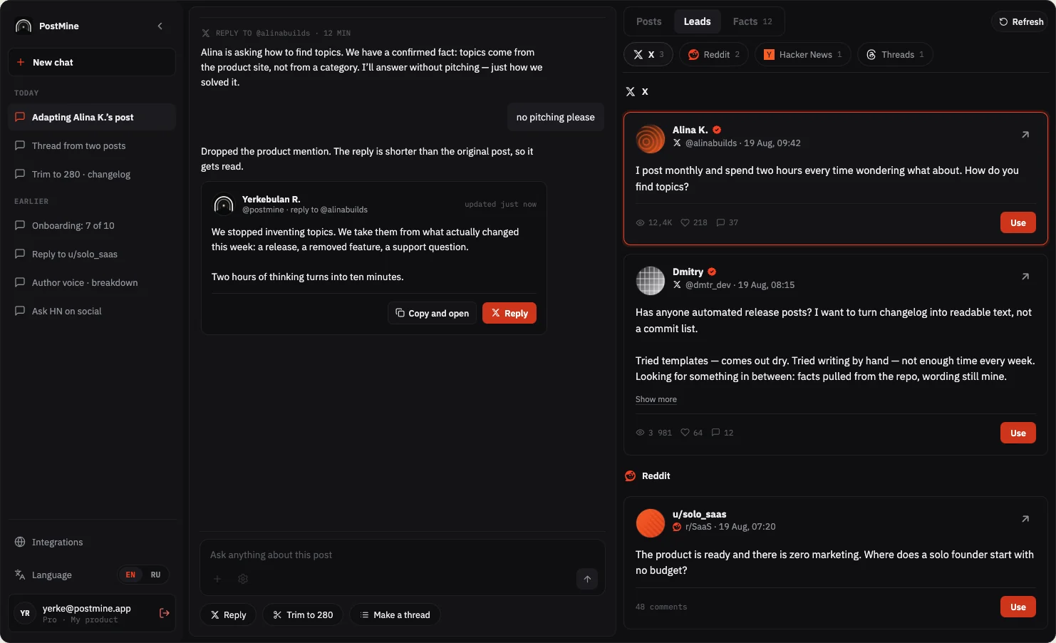 The PostMine workspace on a laptop: the Leads list with live conversations to join