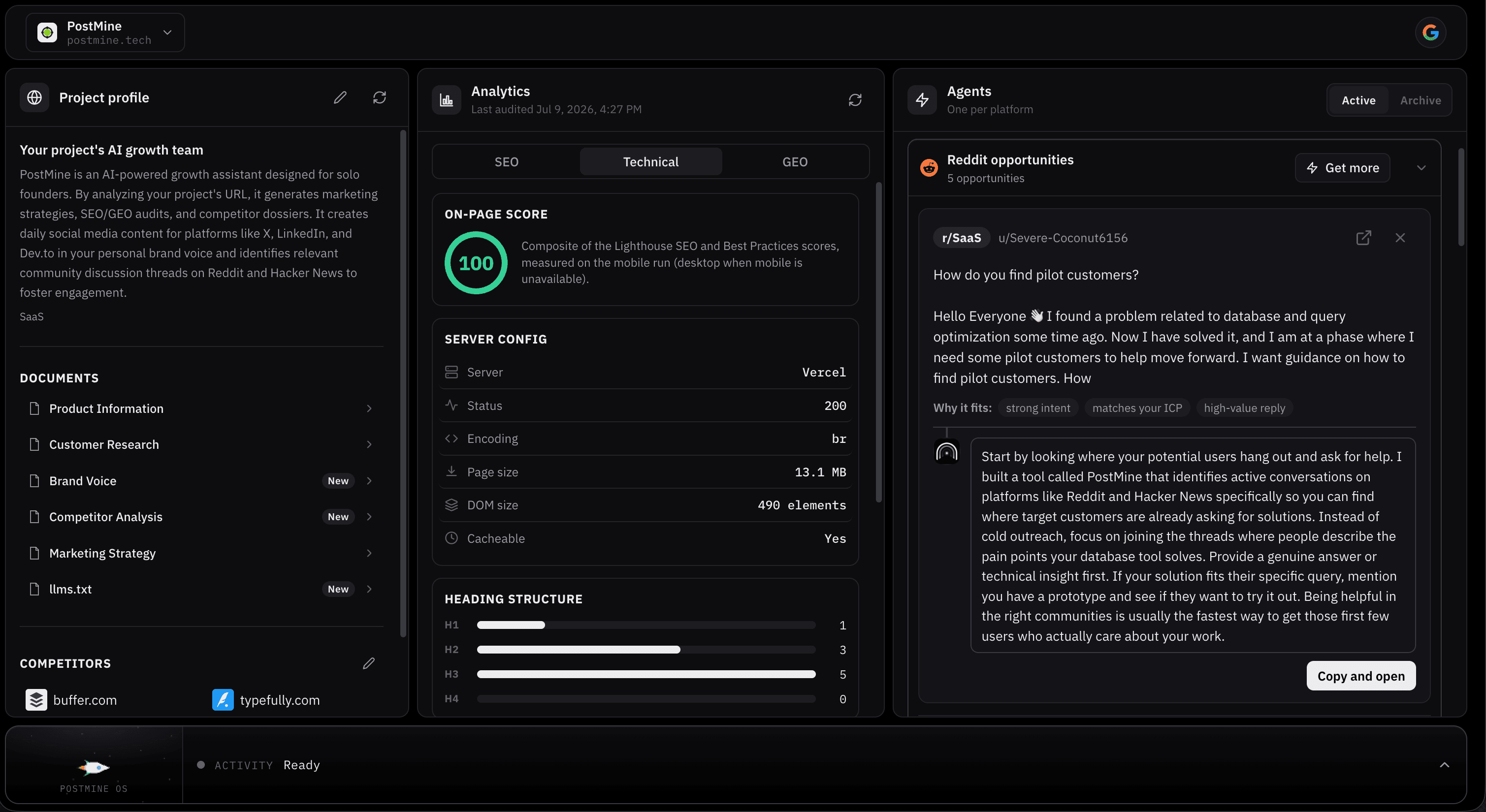 PostMine dashboard with project profile, analytics, and agents