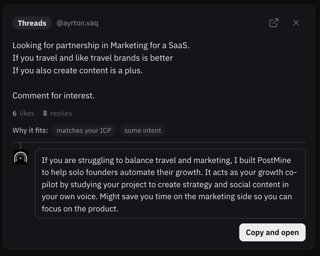 A real Threads conversation found by PostMine with a visible reason why it fits the product