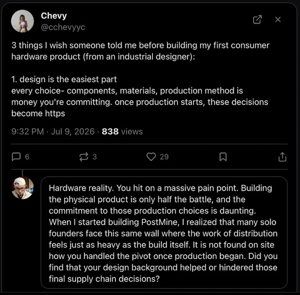 A real X opportunity found by PostMine with a prepared founder reply
