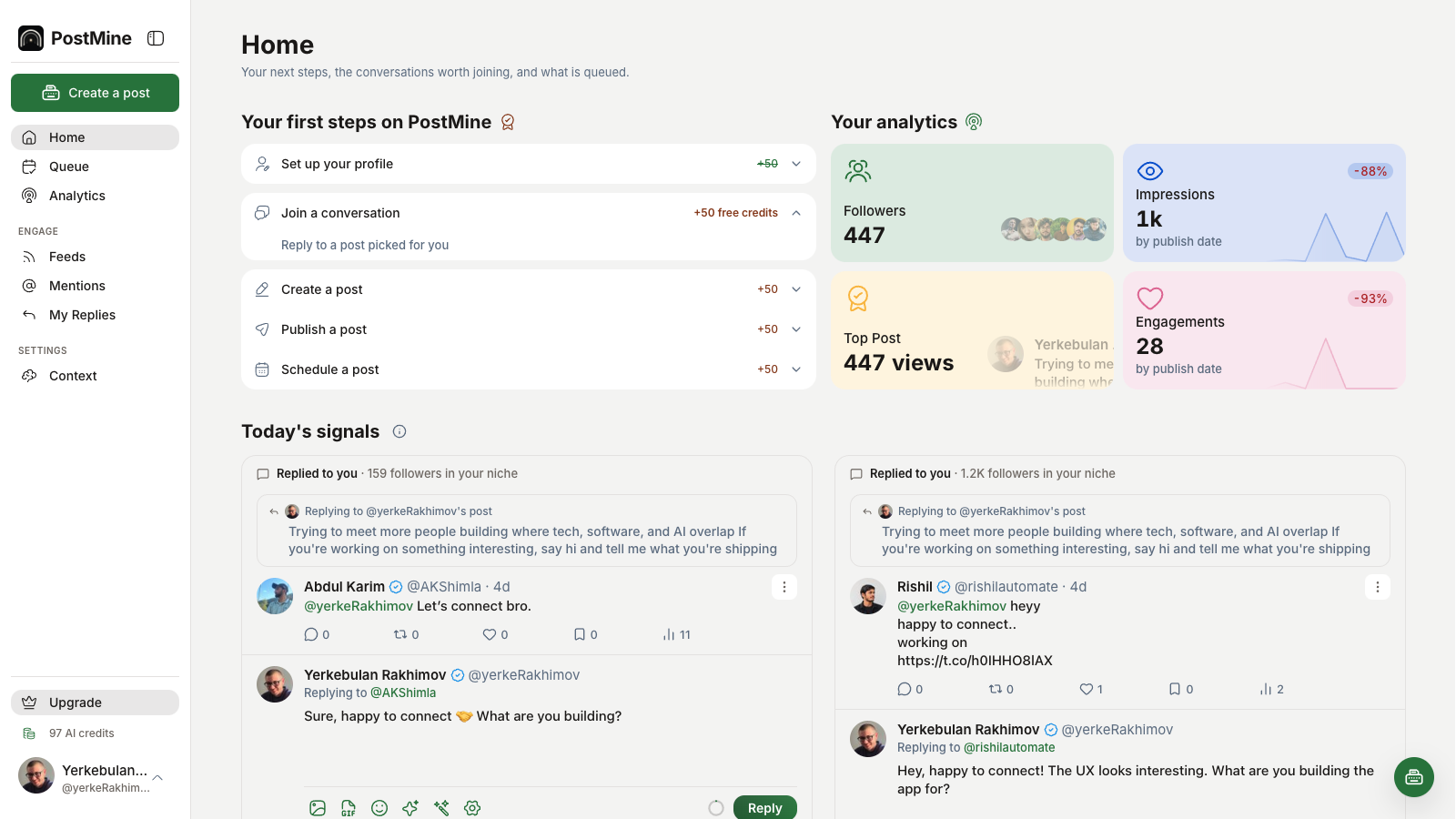 PostMine Home with first steps, analytics and today's signals