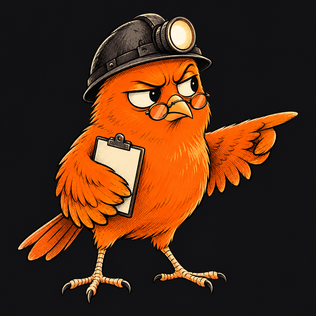 An unimpressed orange canary miner points at the post feed